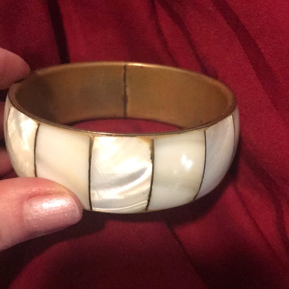 mother of pearl & brass bangle bracelet wide ethnic artisan handmade Vintage - Picture 5 of 7